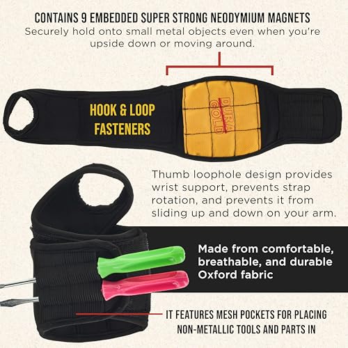 Dura-Gold Magnetic Wristband with Super Strong Magnets - Wrist Support Tool Belt that Holds Fasteners, Nails, Screws, Drill Bits - Mechanic, Handyman, Construction Worker, Electrician, Dad Mens Gift
