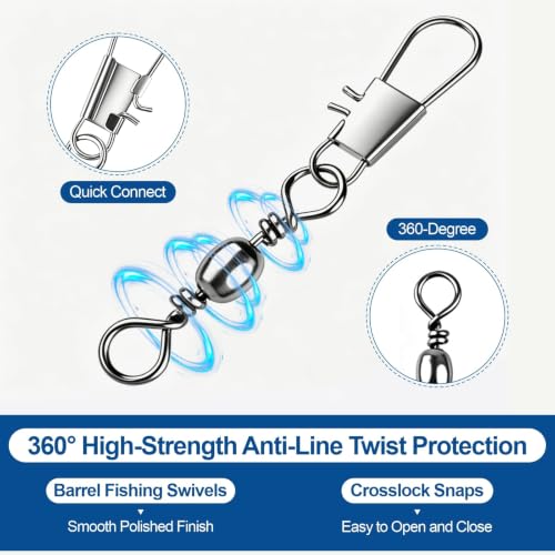 200PCS Ball Bearing Fishing Swivels with Safety Snaps, 5-Size Assortment