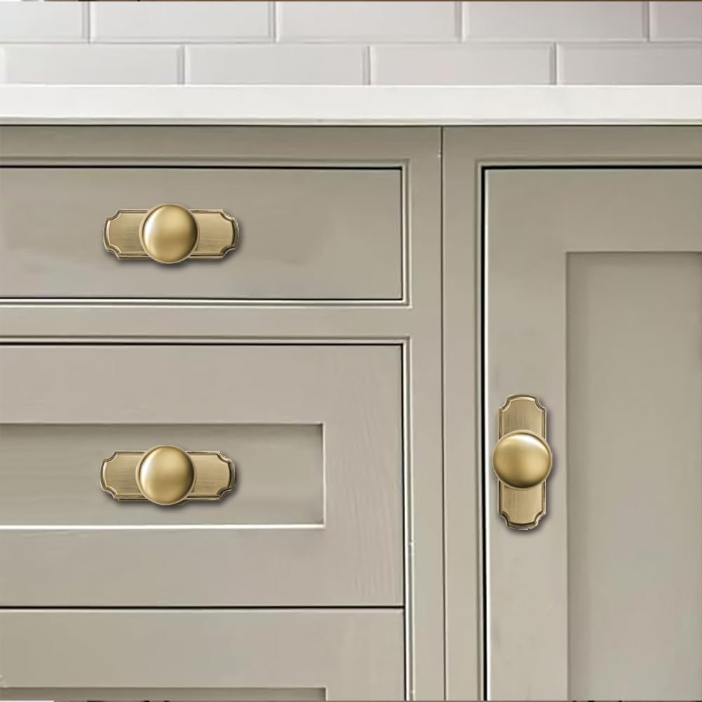 khtumeware 2 Pack 1-1/4 inch Backplate for Cabinet Knobs Brushed Brass Drawer Knobs Satin Gold Cabinet Hardware Vintage Knobs with Backplate