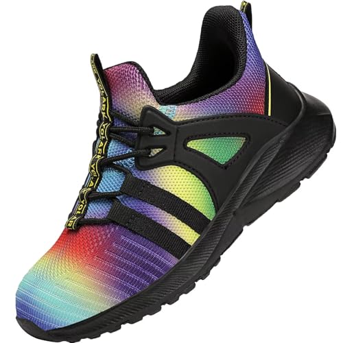 YOLARK Kids Sneakers - Lightweight Boys Girls Tennis Shoes, 4 Big Kid Rainbow