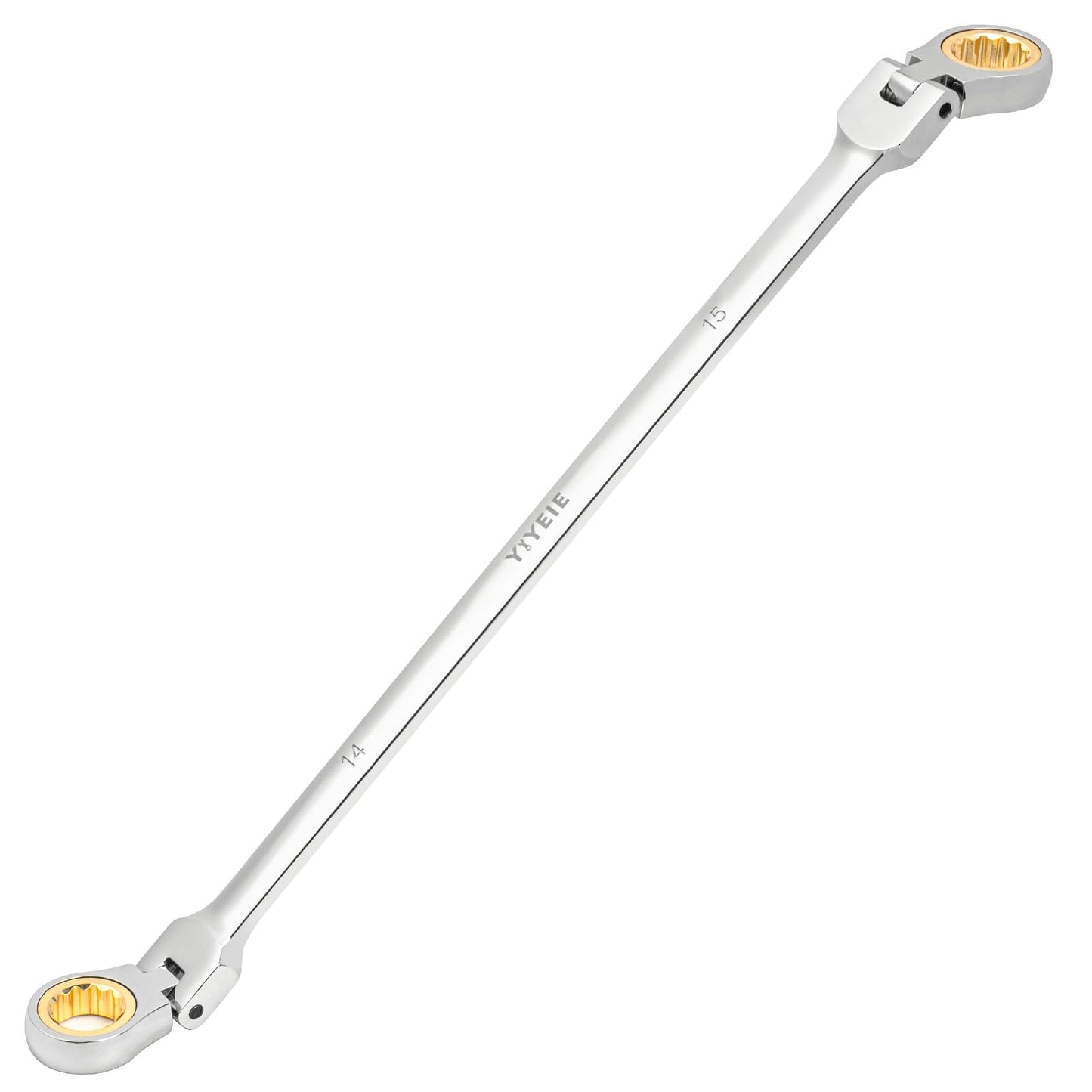 YIYEIE 14 * 15 mm Extra Long Flex-Head Ratcheting Wrench, Metric, 72-Tooth Double Box End Long Handle Ratchet Wrench, CR-V Steel with Mirror Finish Labor-Saving Spanner