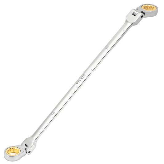YIYEIE 14 * 15 mm Extra Long Flex-Head Ratcheting Wrench, Metric, 72-Tooth Double Box End Long Handle Ratchet Wrench, CR-V Steel with Mirror Finish Labor-Saving Spanner