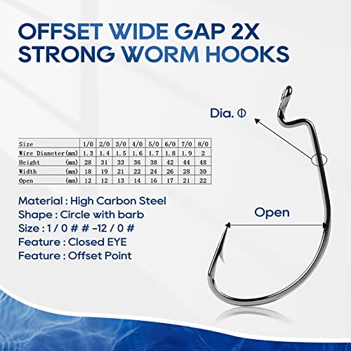 EWG Offset Worm Fishing Hooks 2/0 - 30pcs for Bass Fishing