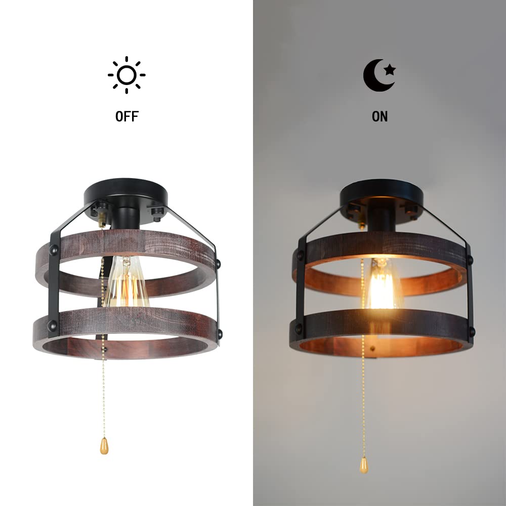 Farmhouse Flush Mount Ceiling Light with Pull Chain, 1-Light Small Wood Rustic Close to Ceiling Light Fixture Pull String Country Home Lighting Edison E26 8060PC