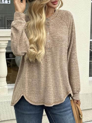 Womens Long Sleeve Henley Shirt - Oversized Round Neck Sweatshirt - Brown, Medium