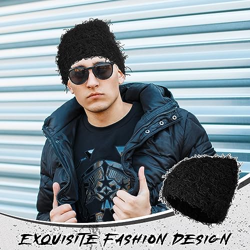 Distressed Knitted Beanie - Thick Warm Fuzzy Winter Hat - Black
