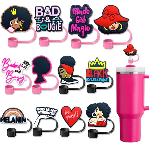 12PCS Pink & Black Silicone Straw Covers for Stanley Cups - Black Girls