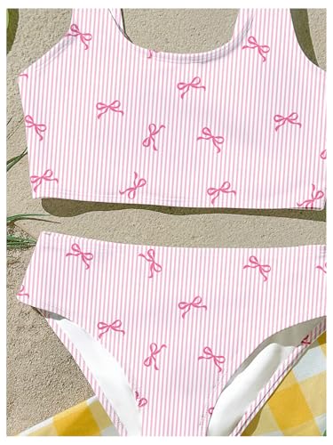 Pink 8 Years RoseSeek Girl's 2-Piece Striped Bowknot Swimsuit Set for Kids
