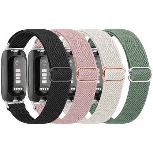 4 Pack Elastic Bands for Fitbit Inspire 3 - Black, Pink, Starlight, Green