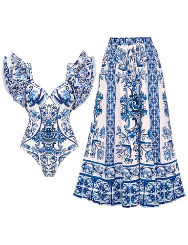 FLAXMAKER Blue & White Porcelain Pattern One-Piece Swimsuit with Skirt - Elegant Beachwear