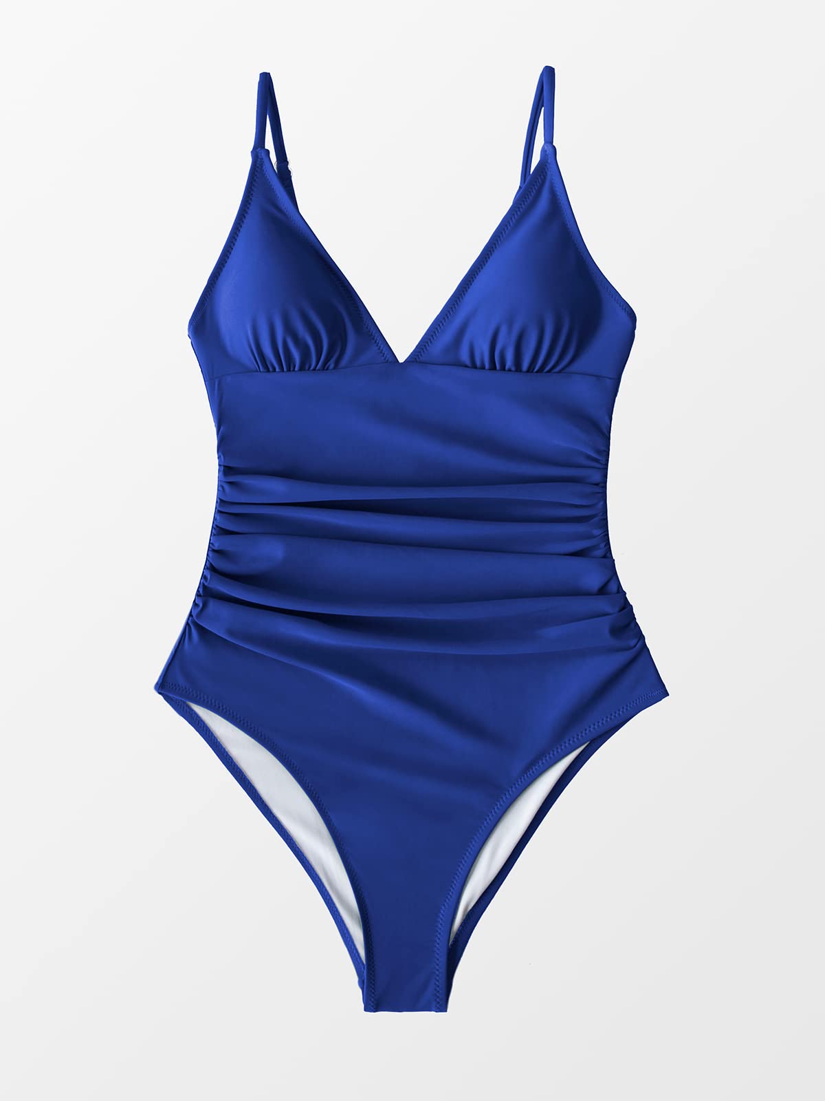 CUPSHE Women's One Piece Swimsuit Shirring Design V Neck Low Back Bathing Suit, Deep Blue, XS