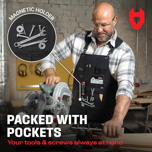 NoCry Woodworking Apron for Men ? Reinforced Pockets with Metal Rivets, Magnetic Holder & Leather Tool Loops ? Shop Aprons for Men with Cross-Back Straps, Non-Slip Shoulder Pads & Quick-Release Buckle