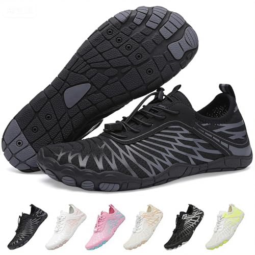 Jmzb Unisex Barefoot Water Shoes for Women & Men - Black Wide Toe Size 8 Women / 6.5 Men, Non-Slip Trail Sneakers