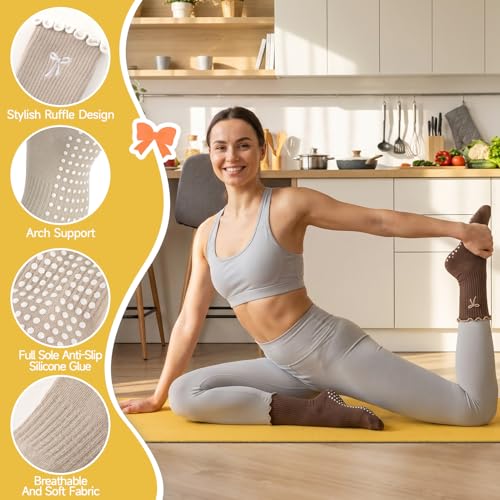 Cute Bow-Tie Ruffled Pilates Socks with Grips - Brown Color Scheme