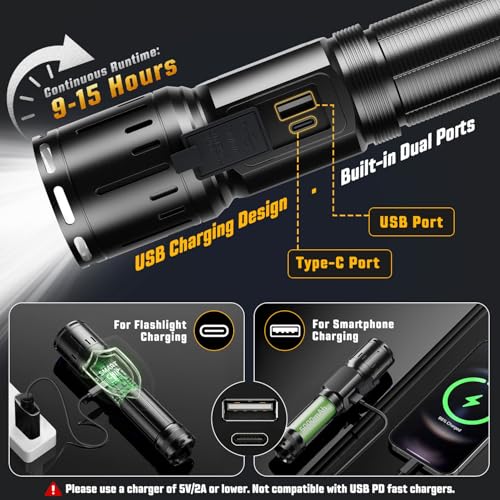Svoko Black High-Lumen Rechargeable Tactical LED Flashlight with COB Side Light