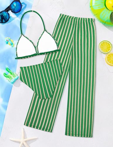 Girls V-Neck Halter Backless 3-Piece Bikini Set with Cover-Up - Green, 11-12 Years