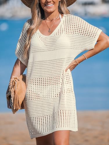 CUPSHE Women Crochet Swimsuit Cover Up V Neck Beach Dress Large Beige
