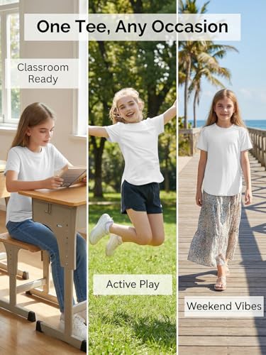 Girls Athletic Short Sleeve Tunic Tee - Soft Gym Workout Shirt - White 11-12Y