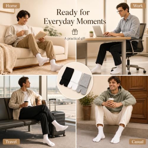 Tabi Socks - 3 Pairs Soft Cotton Split Toe Crew Socks