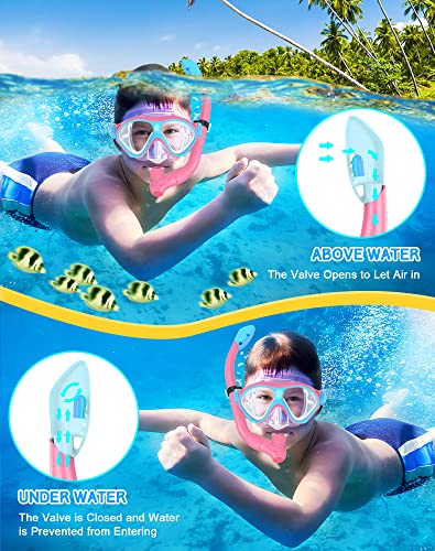 Kids Snorkeling Gear Set - Anti-Fog Mask & Dry Top Snorkel - Pink/Blue X-Small