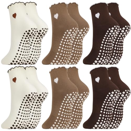 Frilly Pilates Socks with Grips - 6 Pairs, One Size, White/Brown/Coffee