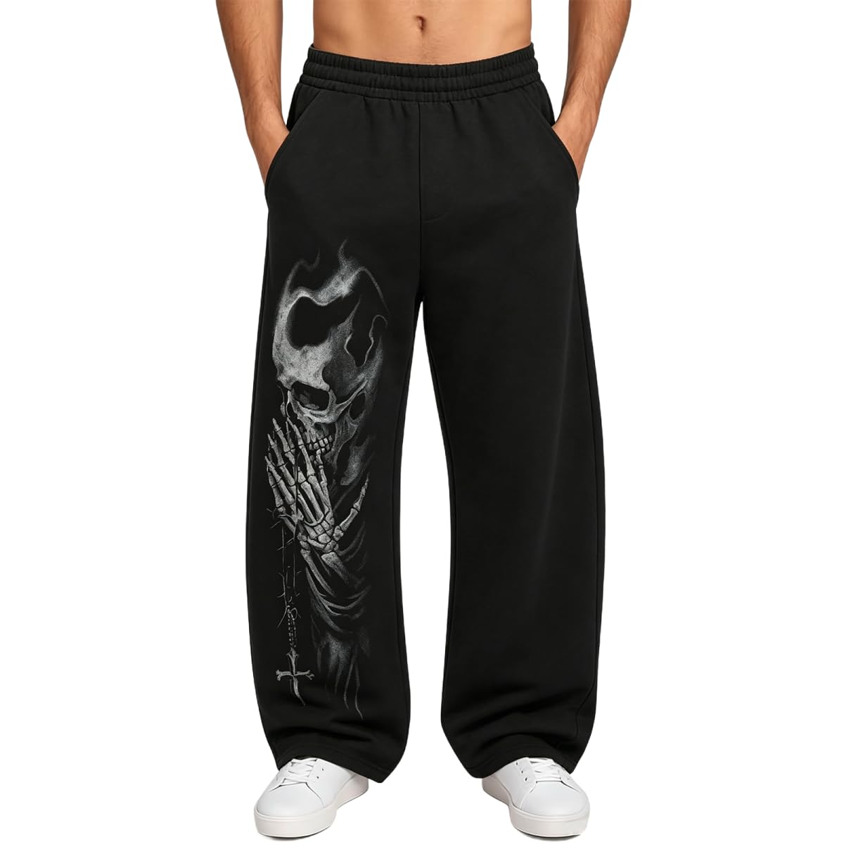 Piuntersite Men's Skull Print Sweatpants Relaxed Fit Punk Gothic Joggers Streetwear Hip Hop Lounge Track Pants with Pockets Black L