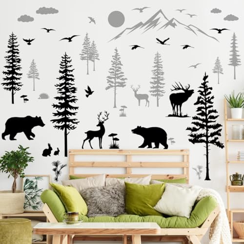 5 Sheets of 12x36inch Large Black and Grey Pine Tree Wall Sticker Peel and Stick Mountain Forest Tree Wall Decal Woodland Deer Bear Birds Wall Decor for Nursery Bedroom Living Room Decoration