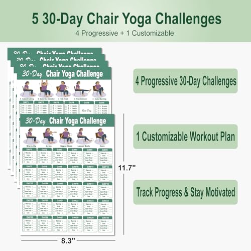 Chair Yoga Poster Set for Seniors - 5 Illustrated Guides & 5 Challenges