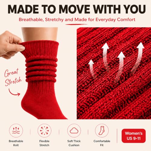 Cozy Slouch Socks for Women - 80s Style in Red, Medium/Thick