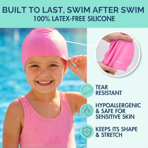 Kids Silicone Swim Cap - Non-Slip, Soft Stretch, Ear Seal - Light Blue
