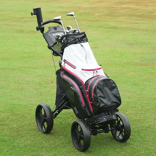 Golf Push Cart 4-Wheel Folding Trolley with Cup Holder & Cooler Bag - Black