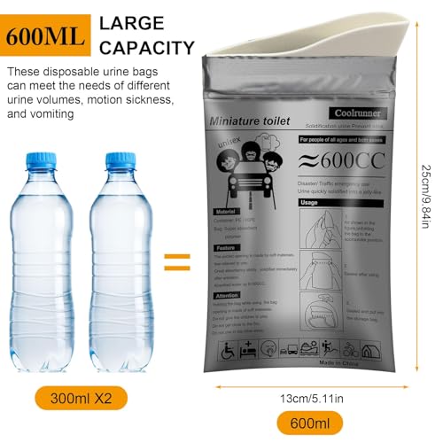 Coolrunner Gray Disposable Urine Bags 50 Pack - Unisex Travel & Emergency Pee Bags