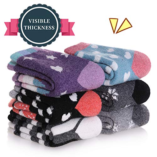 SDBING Kids Merino Wool Hiking Socks 8-12y - Toddler & Kids Warm Thick Thermal Crew Socks (6 Pairs) - Animal Print