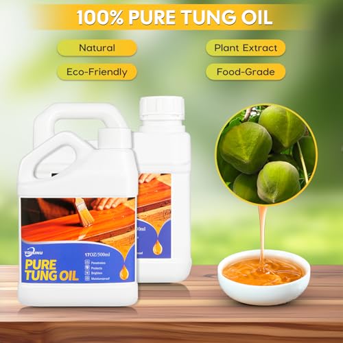 Volunu 35OZ 100% Pure Tung Oil is unadulterated,Made from Pure Pressed Tung Tree Nuts,No additives,solvents,or Synthetic Ingredients,Just All-Natural Wood Protection.