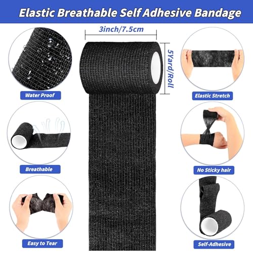 Oleitodh 60 Pack 3in x 5yd Black Self-Adherent Bandage Wrap (1 Color) 60 rolls