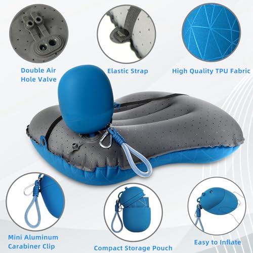 Navy Blue Inflatable Camping Pillow with 2-in-1 Air Pump & Storage Bag