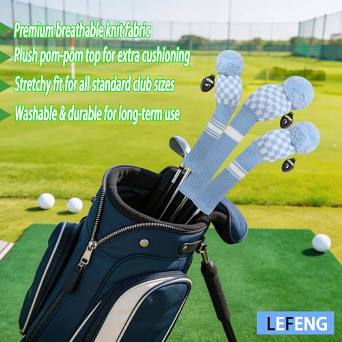 Knitted Golf Head Cover for Driver & Hybrid - Blue White Plaid