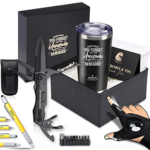 HEIBOSO A-LUXURY Gift Set for Men - 6-in-1 Stainless Steel Tumbler, Multi-Tool Knife, LED Gloves & Pen, Keepsake Box - Last Minute Birthday, Father's Day, Anniversary Gift for Dad & Husband