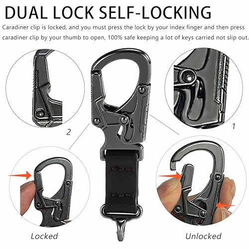 Heavy Duty Dual Lock Carabiner Keychain with PU Leather Strap - Brown