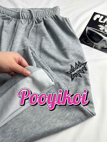 Pooyikoi Grey Large Women's Y2K Star Print Wide Leg Joggers - Harajuku Streetwear