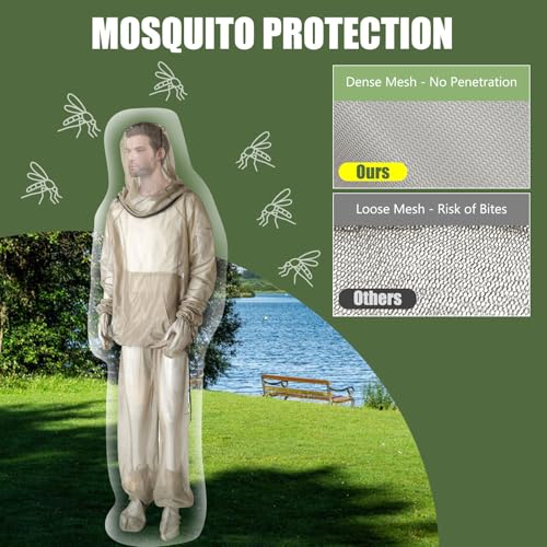 HOMEYA Net Suit L/XL Full-Body Mosquito Protection Suit (Beige, Large-XL) with Hooded Jacket, Pants & Gloves