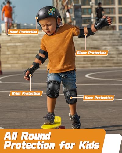 Kids Bike Helmet Set with Knee and Elbow Pads - Black, Ages 2-8