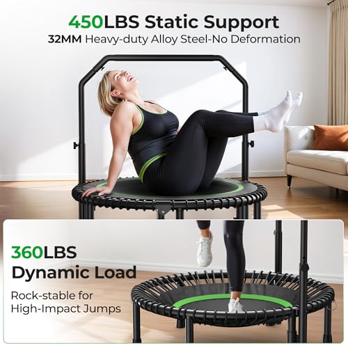 Rebounder Trampoline with Adjustable Handlebar for Adults, Indoor Mini Exercise Trampoline, 450/550lbs Capacity