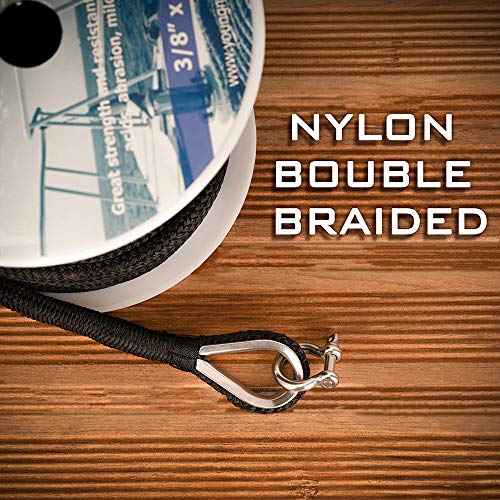 Young Marine 3/8 Inch x 150Ft Black Nylon Double Braided Anchor Line with Stainless Steel Thimble