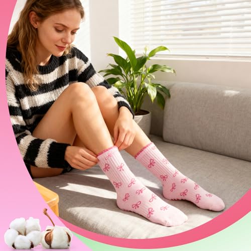 Pilates Socks for Women - Cute Ruffle & Embroidery Grips - Medium Yellow/Pink - 5 Pairs