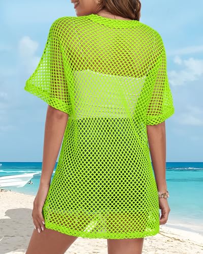CHICGAL Women Crochet Beach Cover Up Kimono Cardigan Neon Green Small