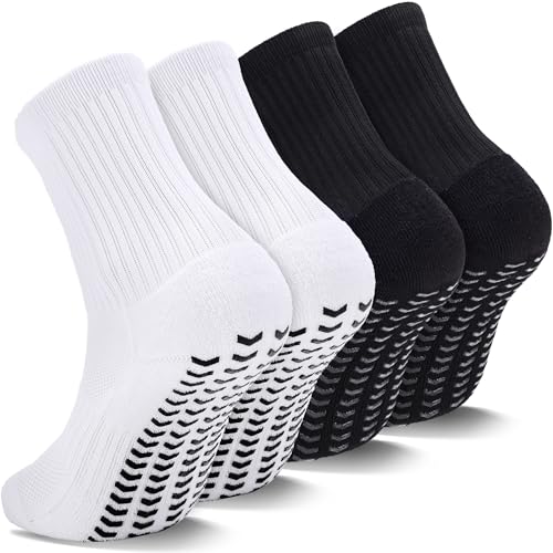 Kids Grip Soccer Socks - Cushioned Non-Slip Athletic - 2 Pairs Black+White