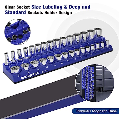 WORKPRO Magnetic Socket Organizer Set, 3-Piece Socket Holder Set Includes 1/4", 3/8" and 1/2" Drive Metric Socket Trays, Holds 75 Pieces Standard Size and Deep Size Sockets(Socket not Included)