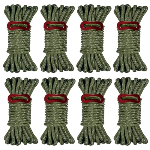 104ft Ultralight Tent Guy Lines with Tensioners - 8 Packs, Olive Green