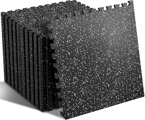 High Density Gym Mat - 12 Interlocking Tiles, 48 Sq Ft - Black/Grey